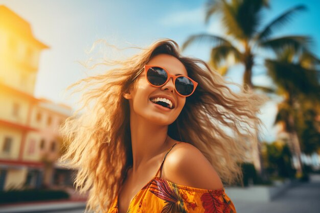 une jeune femme asiatique portant des lunettes de soleil profite des vacances d'été