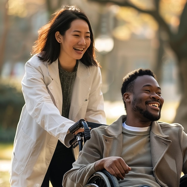 Photo une jeune femme asiatique poussant un jeune homme africain dans un fauteuil roulant.