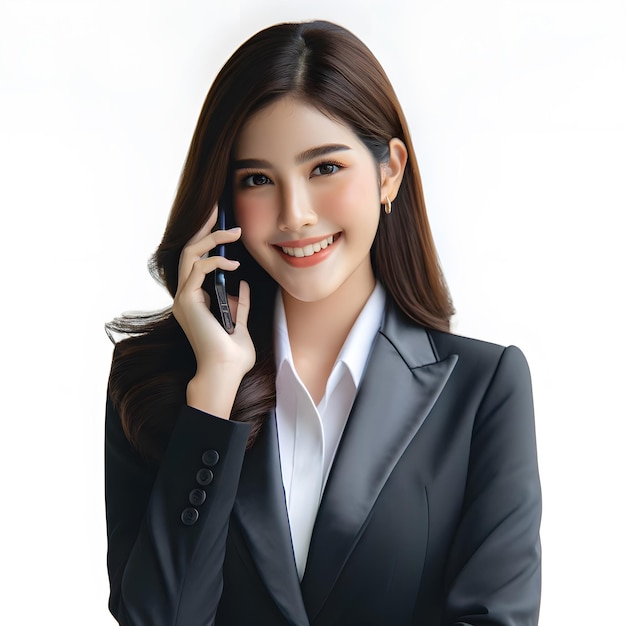 Photo une jeune femme asiatique professionnelle en costume d'affaires engagée dans une conversation téléphonique.