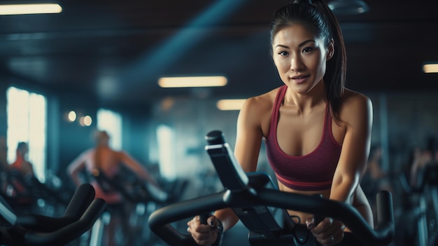 Une jeune femme asiatique s'entraîne sur un vélo d'exercice au gymnase.