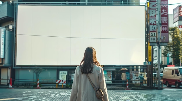 Une jeune femme asiatique se promène dans la ville avec un panneau d'affichage blanc.