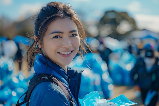 Une jeune femme asiatique souriante se porte volontaire lors d'un événement en plein air tenant du matériel bleu avec une foule.