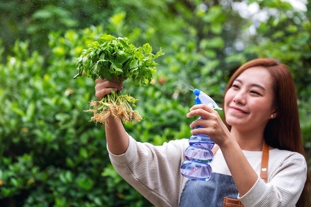 Une jeune femme asiatique avec un tablier pulvérisant du céleri par brouillard dans le jardin