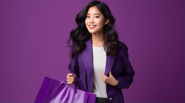 Une jeune femme asiatique tenant un sac d'achat sur fond violet