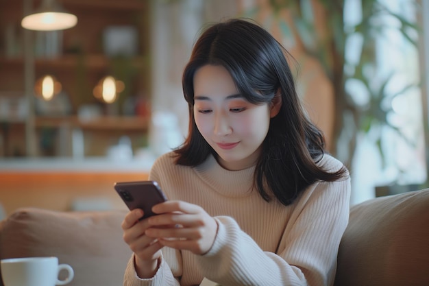 Une jeune femme asiatique en tenue décontractée utilise son téléphone portable pour faire des achats en ligne