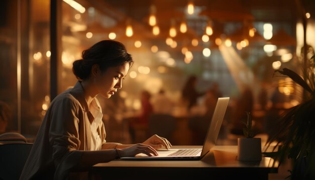 Jeune femme asiatique travaillant sur un ordinateur portable dans un café pigiste ou étudiant avec ordinateur regardant la caméra