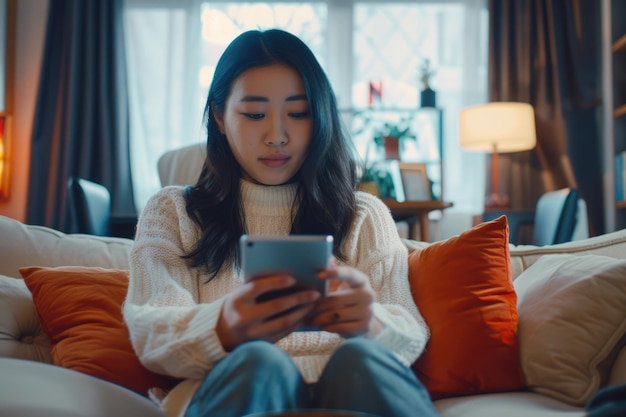 Une jeune femme asiatique utilisant un ordinateur portable et un téléphone intelligent dans le salon