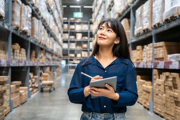 Une jeune femme asiatique vérificateur ou stagiaire travaille en levant les yeux et vérifie le nombre d'articles stockés par tablette numérique.