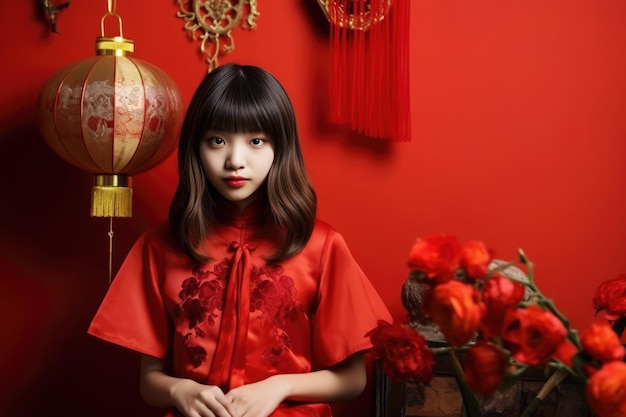 Photo une jeune femme asiatique vêtue de rouge pose devant un mur rouge avec des décorations asiatiques