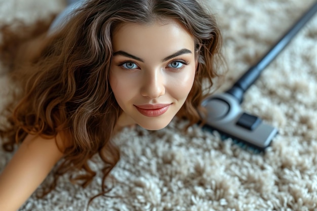 Une jeune femme aspire un tapis à la maison.