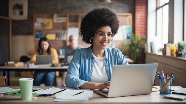 Jeune femme assez occupée assise à la table travaillant sur un ordinateur portable dans le bureau co-travail autocollants de papier nous