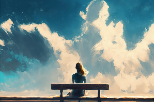 Jeune femme assise sur un banc contre le beau ciel art numérique style illustration peinture concept fantastique d'une jeune femme assise sur un banc