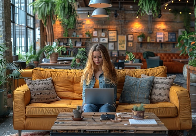 Une jeune femme assise sur le canapé et travaillant sur un ordinateur portable dans un studio de coworking au grenier