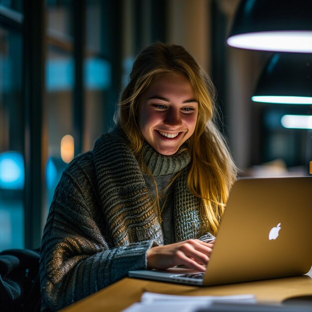 Une jeune femme assise sur le canapé utilise un ordinateur portable Une designer travaillant dans un bureau moderne Des femmes d'affaires souriantes et regardant l'ordinateur