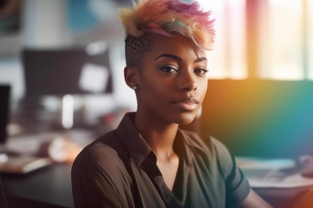 Une jeune femme assise dans un bureau d'IA