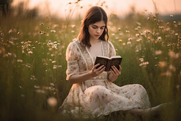 Une jeune femme assise dans un champ en lisant un livre Generative Ai