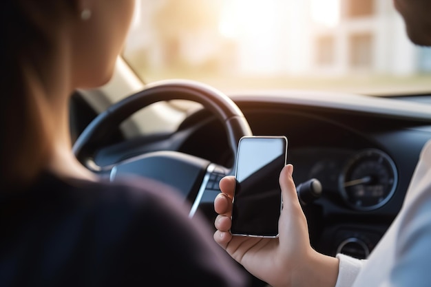 Jeune femme assise dans une voiture et naviguant sur un smartphone Generative ai