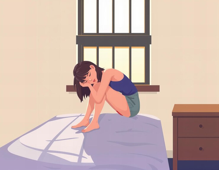Photo une jeune femme assise sur un lit de prison la tête dans les mains la lumière de la fenêtre barré jetant de longues ombres