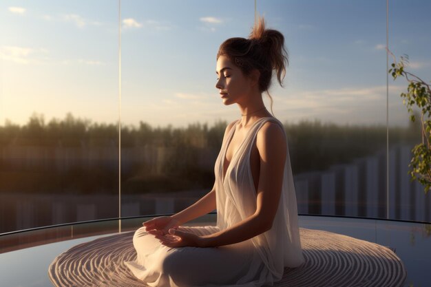 Une jeune femme assise et méditant sur le toit créé avec l'IA générative