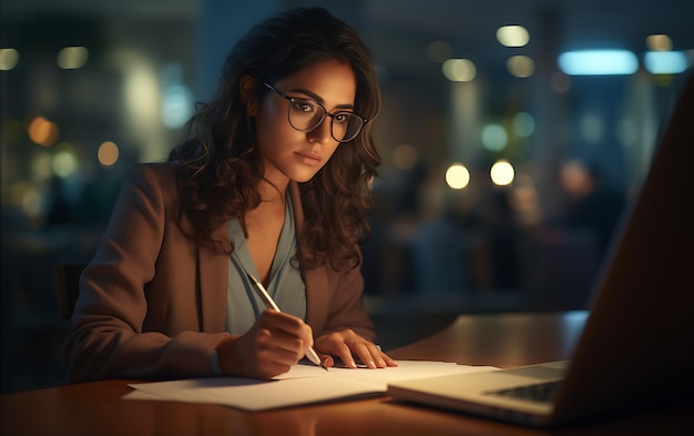 Jeune femme assise sur un ordinateur portable de bureau