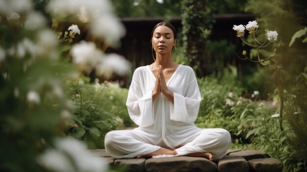 Jeune femme assise en posture de lotus dans le jardin fleuri