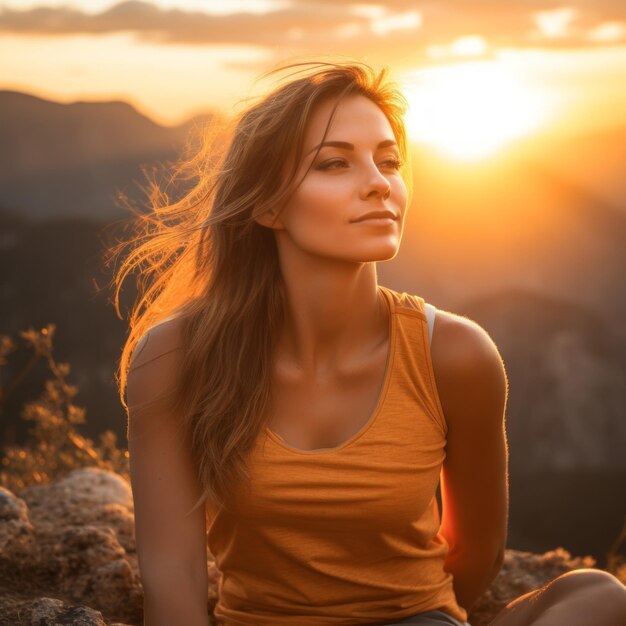 Une jeune femme assise sur un rocher et regardant le coucher de soleil.