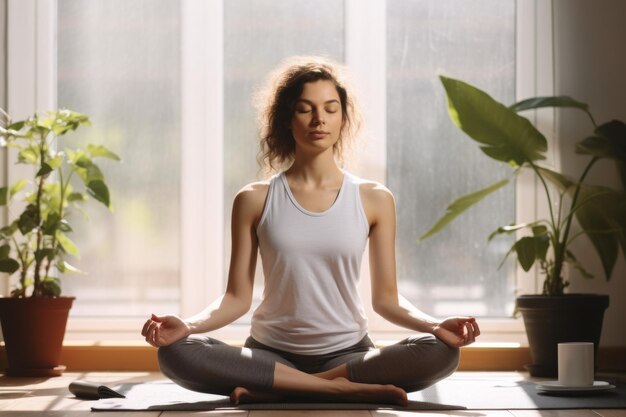 Une jeune femme assise sur le sol à la maison pratique le yoga est assise dans une pose médite IA générative