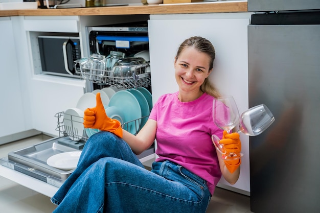 Une jeune femme assise sur le sol près de la machine à laver la vaisselle