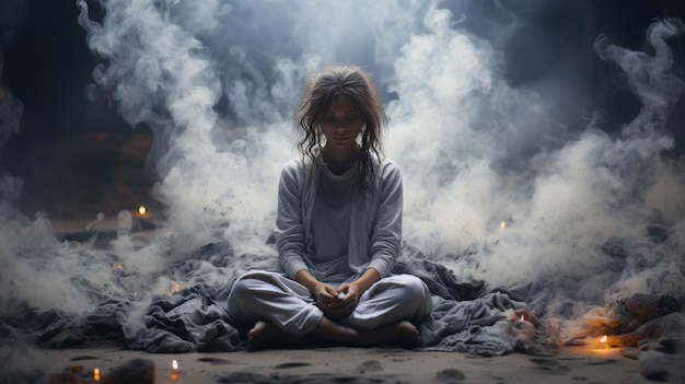 Une jeune femme assise sur un sol recouvert de fumée image concept de santé mentale