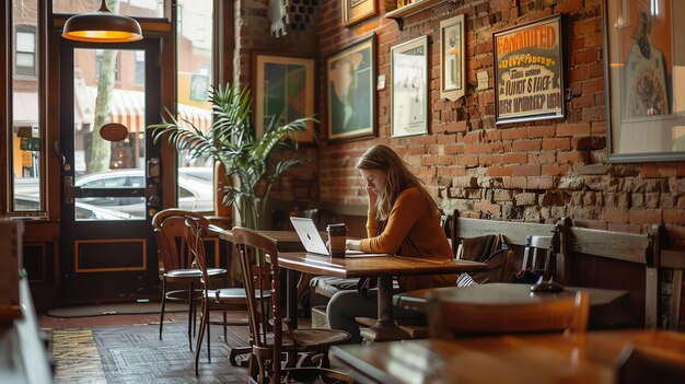 Photo une jeune femme assise à une table dans un café travaillant sur son ordinateur portable. elle porte un pull jaune et des jeans.