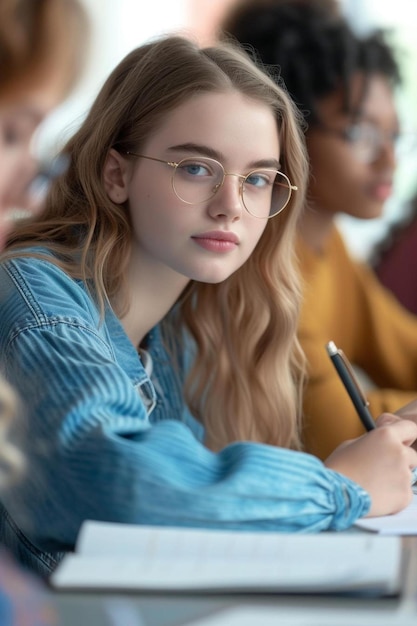 une jeune femme assise à une table avec un stylo à la main