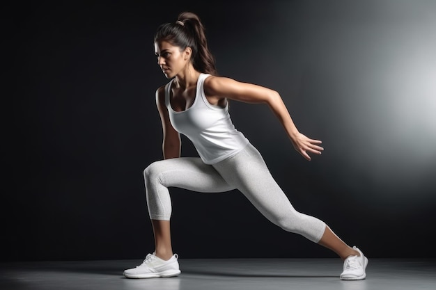 Une jeune femme athlétique fait des moments d'entraînement physique dans un studio.