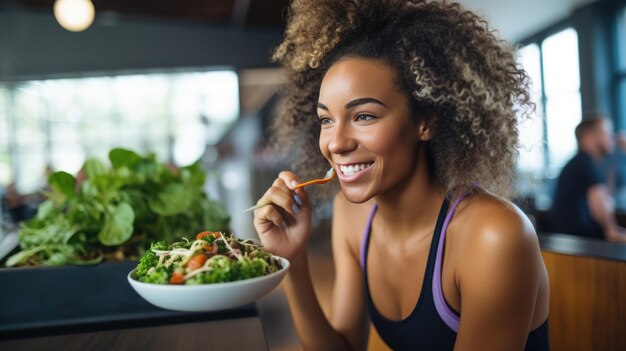 Photo une jeune femme athlétique mange une salade dans son assiette pendant le petit déjeuner.