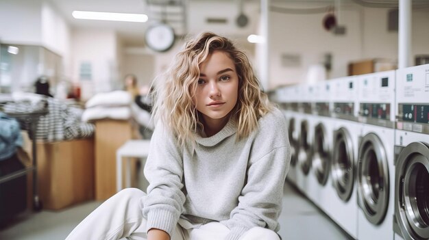 Photo une jeune femme attend dans une buanderie.