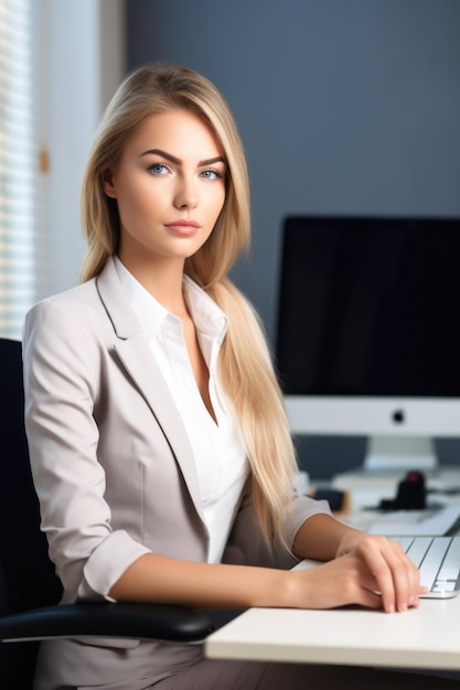 Une jeune femme attrayante assise devant son ordinateur.