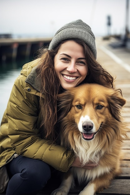 Une jeune femme attrayante assise à la jetée avec son chien étreignant et caressant un adorable animal de compagnie IA générative