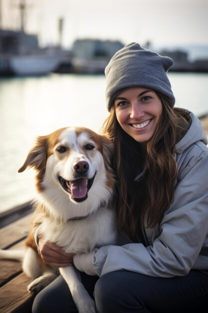 Une jeune femme attrayante assise à la jetée avec son chien étreignant et caressant un adorable animal de compagnie IA générative