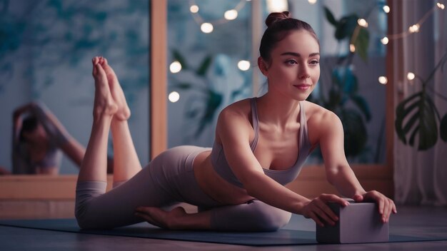 Une jeune femme attrayante dans une pose de paschimottanasana avec un bloc de stu