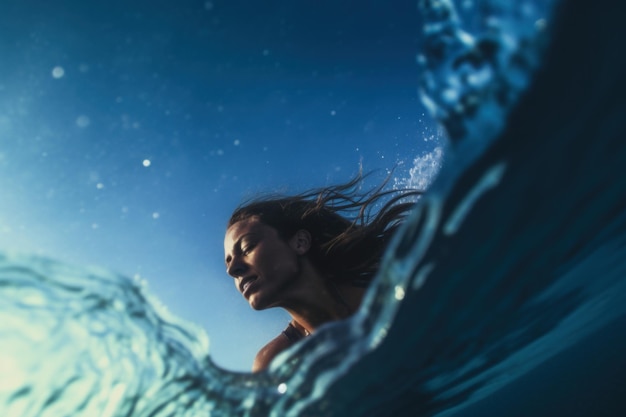 Une jeune femme attrayante flottant dans une belle piscine naturelle éthérée sous l'eau