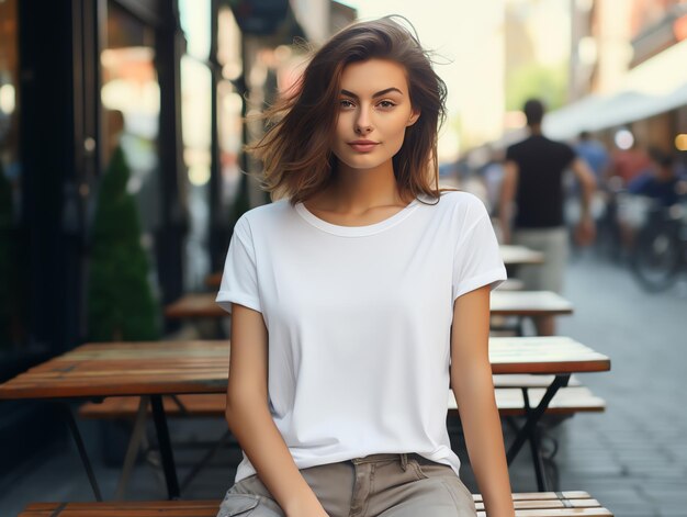 Une jeune femme attrayante portant un maillot blanc vide pour un modèle de conception