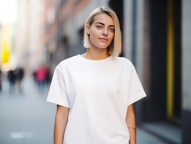 Jeune femme attrayante portant un modèle de t-shirt blanc vide et surdimensionné pour modèle de conception