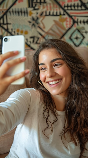 Photo une jeune femme attrayante prenant un selfie vertical dans sa chambre seule à la maison.