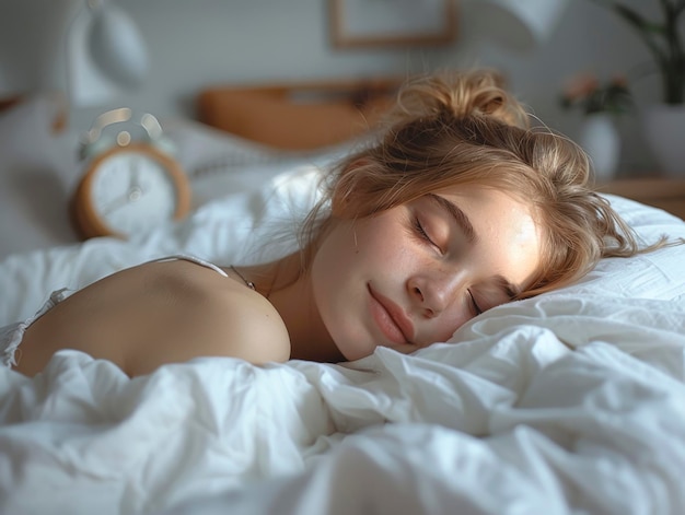 Une jeune femme attrayante qui dort dans un lit blanc le matin.