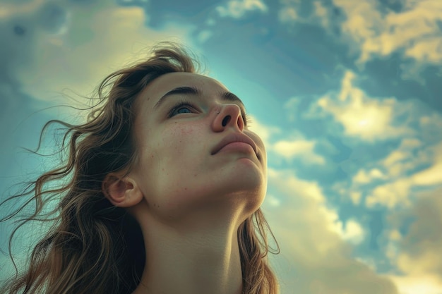 Une jeune femme attrayante regardant le beau ciel avec des sentiments d'espoir et de bonheur.