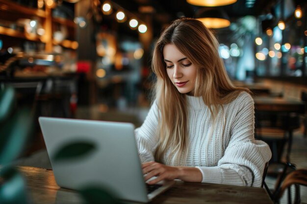 Une jeune femme attrayante travaillant et tapant sur un ordinateur portable dans un espace de coworking