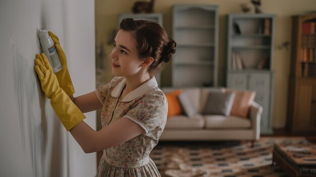 Photo la jeune femme au foyer porte des gants jaunes tout en nettoyant avec le produit de nettoyage sur le mur blanc