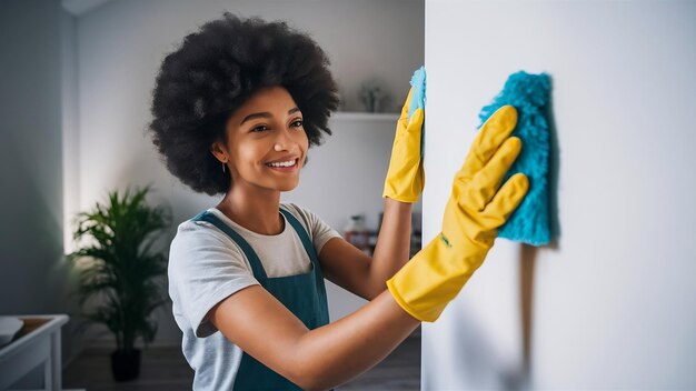 La jeune femme au foyer porte des gants jaunes tout en nettoyant avec le produit de nettoyage sur le mur blanc