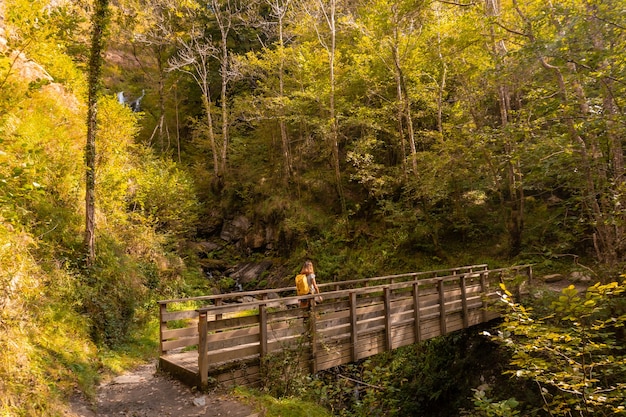 Une jeune femme en automne en direction de la Passerelle de Holtzarte dans la forêt ou la jungle d'Irati, dans le nord de la Navarre en Espagne et dans les Pyrénées-Atlantiques de France