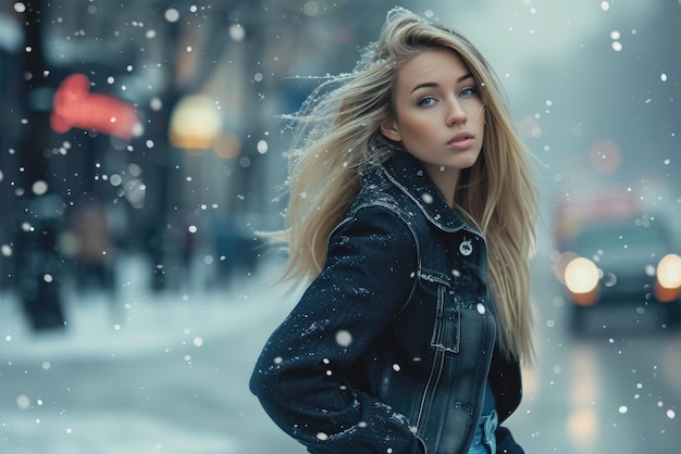 Une jeune femme aux cheveux blonds dans la ville enneigée