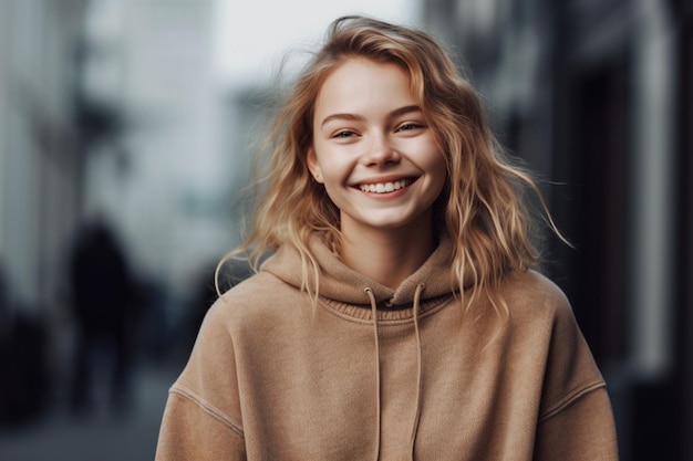 Une jeune femme aux cheveux blonds portant un sweat à capuche marron sourit.